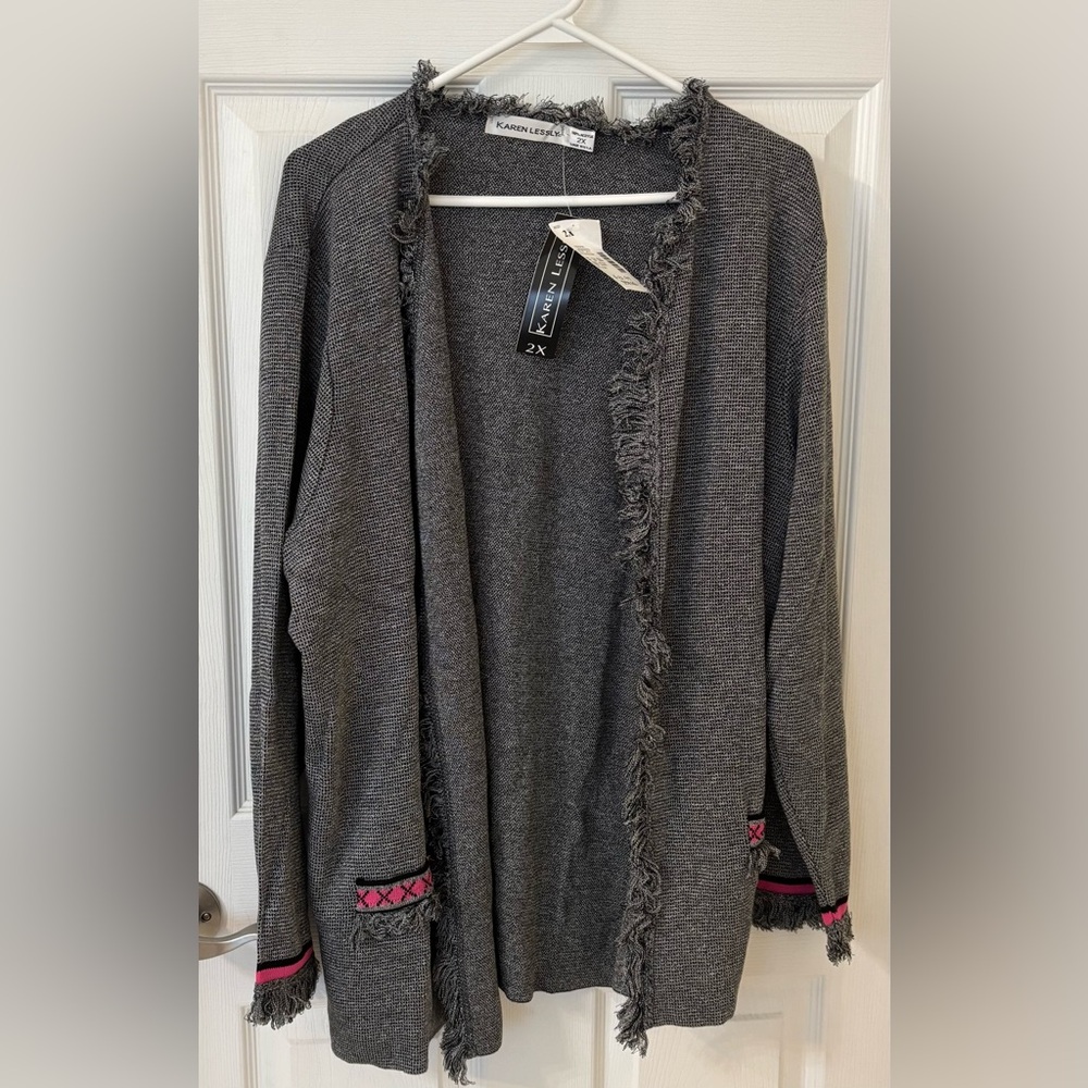 Karen Lessly Open-Front Fringe‎ Cardigan Charcoal Gray